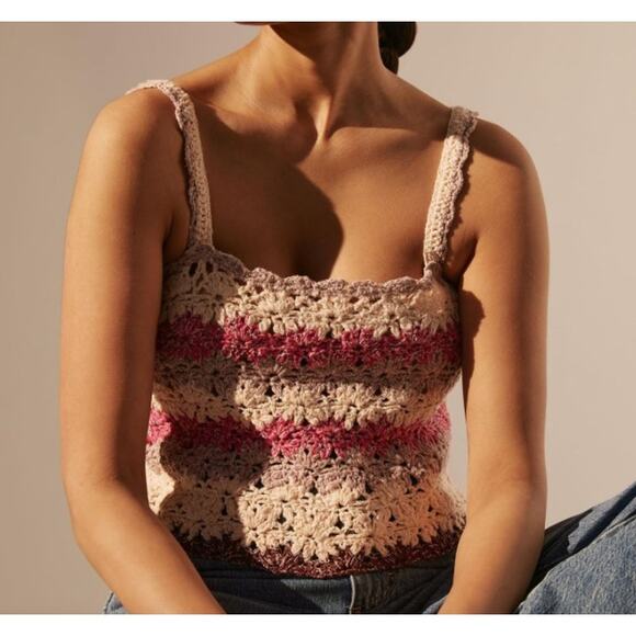Anthropologie Women's size Small Pink Crocheted Crop Top Boho Floral Cottagecore - Picture 2 of 9